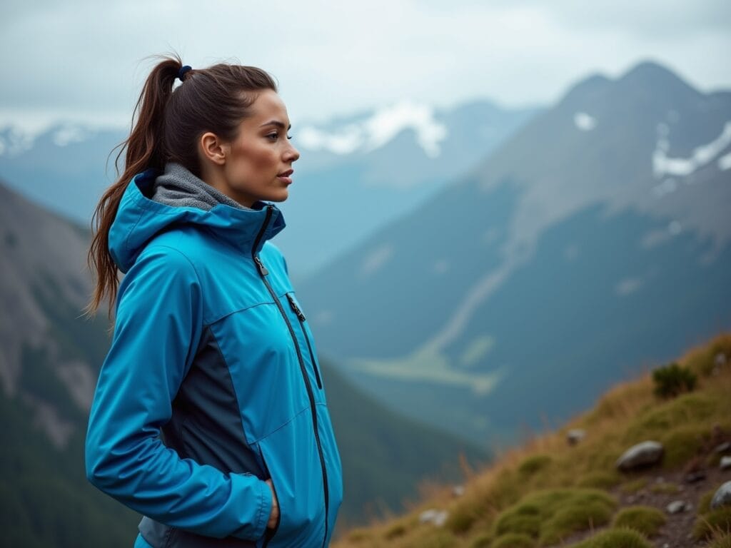 A hiker is standing on a mountaintop, overlooking a vast landscape. It's raining lightly. She's wearing a bright-blue GORE-TEX shell jacket over a fleece mid-layer. The jacket is waterproof and breathable, protecting her from the elements. The focus is on the jacket's functionality and durability in an outdoor setting. The background showcases a scenic mountain view with clouds and mist.