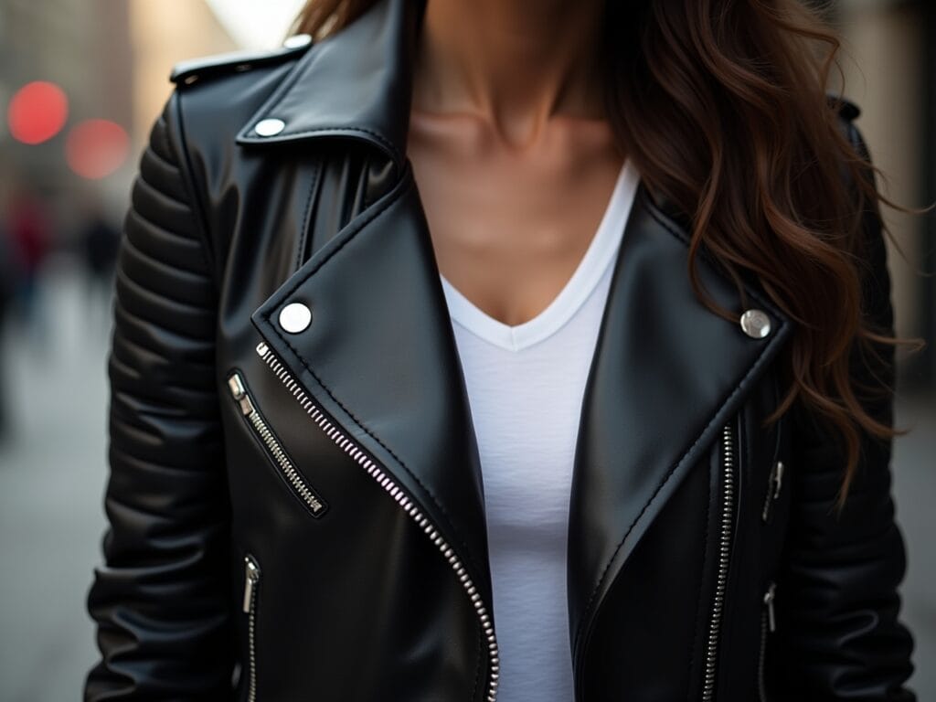 A close-up shot of a woman's torso wearing a slightly worn black leather biker jacket. The jacket has silver hardware (zippers, snaps). The jacket is slightly open, revealing a glimpse of a simple white t-shirt underneath. Focus is on the texture of the leather – the subtle creases, the slight sheen, and the quality of the stitching. The lighting is dramatic, highlighting the details and giving it a sense of cool confidence. The background is blurred, suggesting a city street scene.