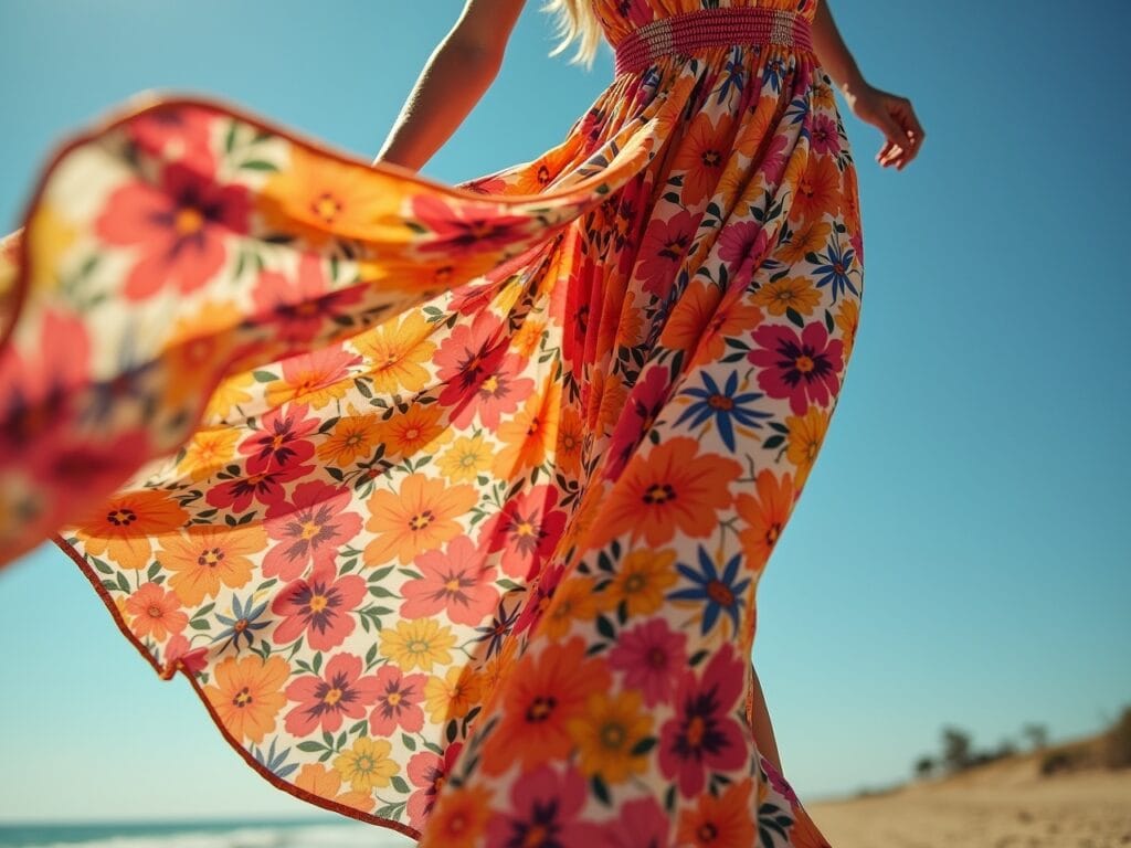 A close-up shot of a flowing maxi skirt with a vibrant floral pattern. The skirt is made of a lightweight, breathable fabric. The shot captures the movement and drape of the fabric. The lighting is bright and natural, highlighting the colors and patterns of the skirt.