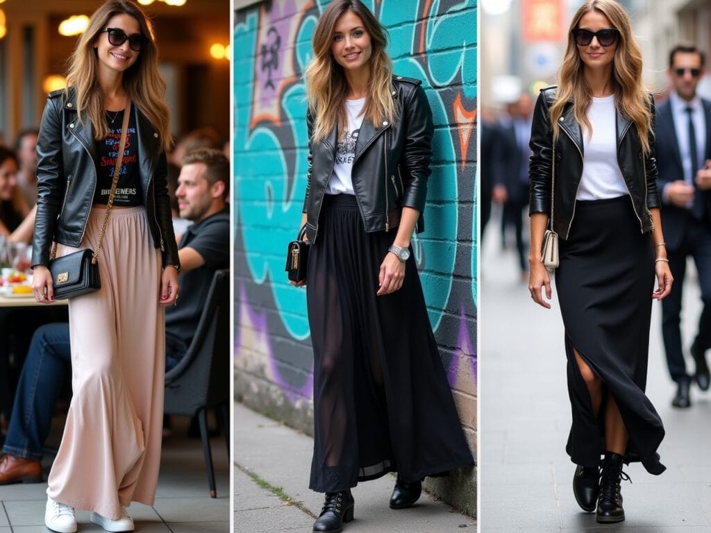 a. Versatility: Image Prompt: A split-screen image. On one side, a woman is wearing the leather jacket, tee, and maxi skirt at a casual brunch with friends, all wearing white sneakers, crossbody bags, and sunglasses. On the other side, the same woman is wearing the same outfit at an evening event, but with ankle boots, statement jewelry, and a clutch. The split-screen demonstrates the outfit's adaptability to different occasions. b. Comfort: Image Prompt: A woman is walking through a busy city street, wearing a black leather jacket, a white tee, a maxi skirt, and sneakers. She's smiling and looking relaxed. The lighting is natural and bright, showing the outfit's suitability for long days out and about. Capture her easy movement and her relaxed facial expression, conveying the comfort of the ensemble. c. Edginess: Image Prompt: A woman is posing in front of a graffiti-covered wall. She's wearing a black leather jacket, a graphic tee, and a flowing maxi skirt. She's also wearing combat boots. The scene is dark and moody, showcasing the edgy and rebellious vibe of the leather jacket.