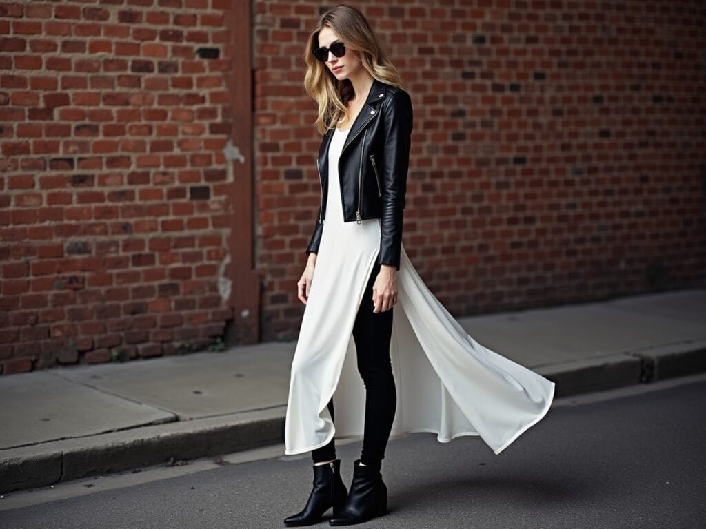 A stylish woman is standing in front of a brick wall in a trendy urban setting. She is wearing a long, flowing white tunic shirt that reaches mid-thigh, layered under a cropped black leather jacket. She's wearing slim-fitting black pants and ankle boots. The photo showcases the contrast in length and silhouette between the tunic and the jacket, creating a balanced and visually interesting outfit. The lighting is dramatic, with strong shadows emphasizing the different layers.