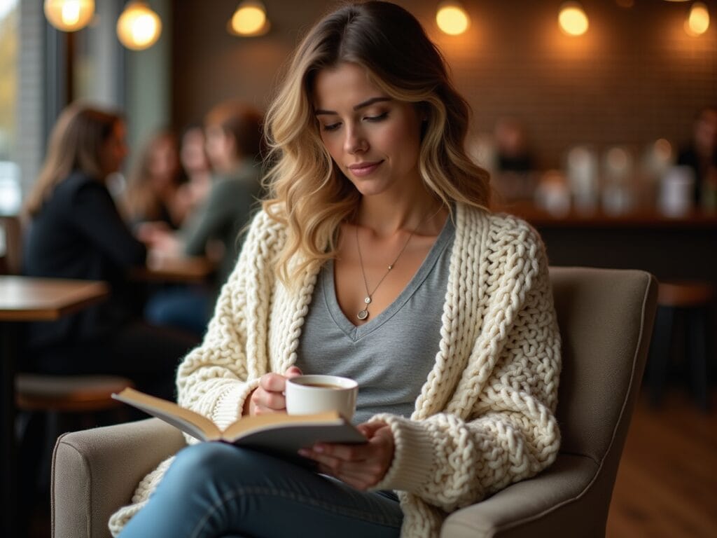A woman is sitting in a cozy armchair in a coffee shop. She's wearing a simple grey v-neck t-shirt with a long, open-front, chunky knit cream-colored cardigan layered over it. She's holding a mug of coffee and reading a book. The lighting is warm and inviting, highlighting the texture of the knitwear. The background shows the interior of a coffee shop with soft lighting and other patrons.