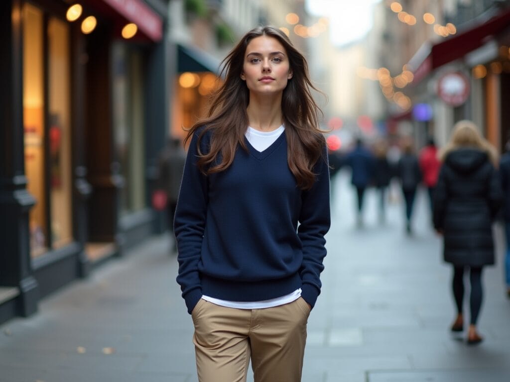 A young man is walking down a city street on a cool autumn day. He's wearing a navy-blue, lightweight cashmere sweater over a white tee. He is also wearing chinos and leather loafers. The focus is on the sweater's warmth, sophistication, and versatility. The background is a bustling city street with shops and pedestrians.
