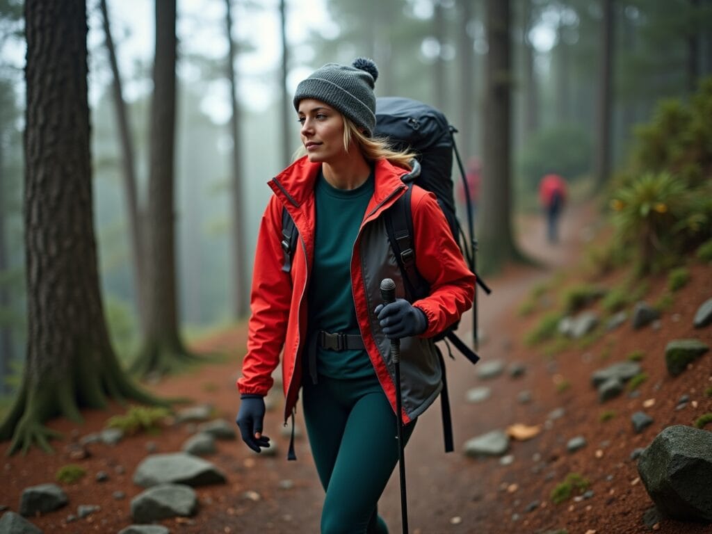 A hiker is trekking through a forest on a cool, overcast day. She's wearing a dark-green merino wool base layer. A bright-red fleece jacket is layered over it for insulation. She's wearing a waterproof and breathable shell jacket in a dark-grey color. She is also wearing a beanie hat and gloves. The focus is on the functionality and protection provided by the layers. The background showcases a natural forest setting with trees, rocks, and foliage.