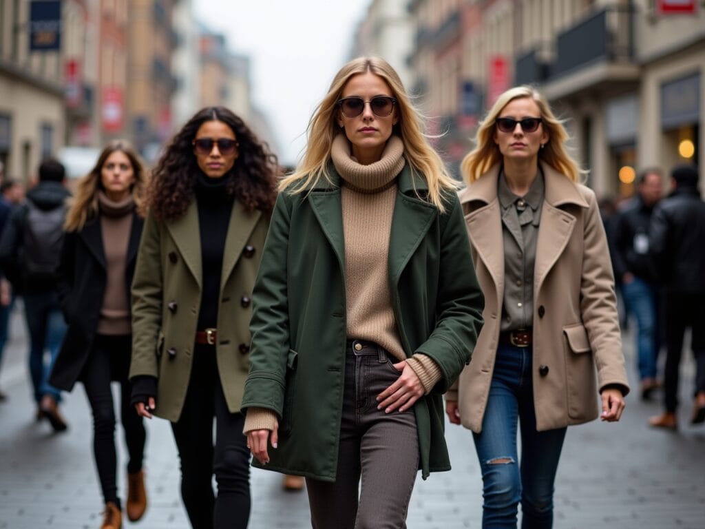 A diverse group of people are walking down a busy city street. Each person is wearing a unique layered outfit that reflects their personal style. The outfits range from casual to formal, showcasing the versatility of layering. The image captures a sense of confidence, style expression, and practicality in dressing for various weather conditions. Focus on the variety of textures, colors, and patterns.