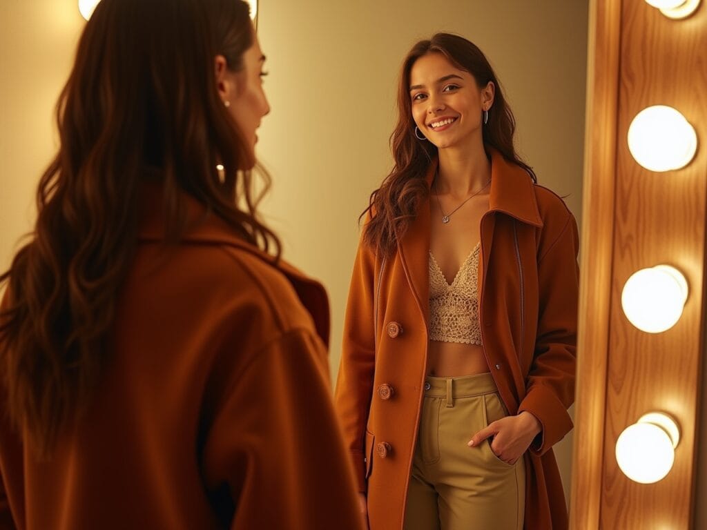 A person is standing in front of a mirror, admiring their reflection. They are wearing a perfectly layered outfit that combines comfort, style, and protection. The lighting is warm and flattering, emphasizing the confident smile on their face. The overall scene is aspirational, conveying the idea that layering can empower individuals to express their creativity and feel good about themselves.