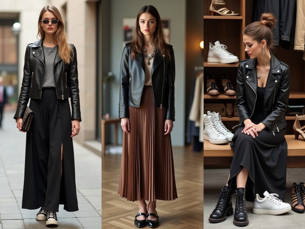 Image Prompt: The image is divided into three panels. Panel 1: Two women are standing side-by-side. One is wearing the leather jacket, t-shirt, and maxi skirt combo with sneakers, representing a casual style. The other is wearing the same outfit but has swapped the sneakers for heels, added statement jewelry, and is carrying a clutch, representing a dressed-up formal look. Panel 2: A woman is carefully examining a vintage leather (or faux leather) jacket in a well-curated thrift store. The scene emphasizes the beauty of vintage and sustainable fashion choices. Focus on the details of the jacket and the woman's thoughtful expression. Panel 3: A woman is sitting on a bench, surrounded by three pairs of shoes: white sneakers, black ankle boots with a heel, and strappy sandals. She is looking thoughtfully at the options, considering which shoes best suit her outfit and the occasion.
