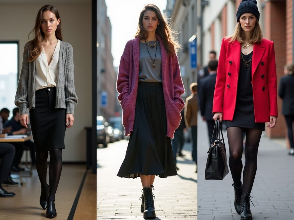 Sweater: A young woman is working in a modern office space. She's wearing a ribbed crewneck cardigan in a neutral color (e.g., grey or navy) over a tucked-in blouse and a black pencil skirt with opaque tights. She's wearing classic pumps and a simple necklace, creating a classic office look. Cardigan: A stylish student is walking across a university campus. She's wearing an oversized, chunky knit cardigan over a tucked-in band tee and a flowy midi skirt. She's wearing combat boots and a beanie, adding a trendy touch to the outfit. Blazer: A woman is attending a business networking event. She's wearing a tailored blazer in a bold color (e.g., red or fuchsia) over a simple top and a fitted skirt with tights. She's wearing statement jewelry and heels, creating a polished and professional ensemble.