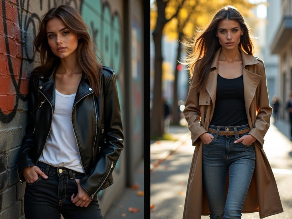 Layering Jacket or Coat (Edgy) Image Prompt: A young woman is standing in a gritty urban alleyway, leaning against a graffitied wall. She's wearing a simple black tee and jeans, topped with a black leather motorcycle jacket. The jacket is slightly worn, with visible zippers and hardware. The lighting is dramatic, with strong shadows emphasizing the texture of the leather and the urban environment. The overall look is rebellious and stylish. Layering Jacket or Coat (Classic) Image Prompt: A woman is walking down a tree-lined street on a crisp autumn day. She's wearing a white t-shirt, dark jeans, and a camel-colored trench coat. The coat is belted at the waist, creating a defined silhouette. The lighting is soft and natural, highlighting the timeless elegance of the trench coat. The background features falling leaves and classic architecture. Layering Jacket or Coat (Formal) Image Prompt: A woman is standing in a modern office lobby. She's wearing a simple black tank top, tailored trousers, and a navy-blue blazer. The blazer is well-fitted, and the overall look is polished and professional. The background features clean lines, glass, and other people in business attire.