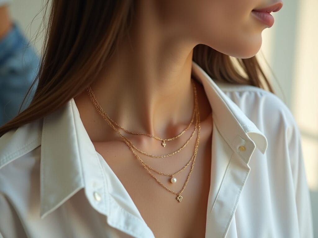 A close-up shot of a woman's (mid-20s) neck and upper chest, focusing on a delicate gold chain necklace with a small, subtle pendant (e.g., a tiny geometric shape or a single pearl). She is wearing a partially unbuttoned white shirt. The background should be softly blurred, showing a glimpse of light-wash blue jeans and natural sunlight. The overall feel is understated elegance and simplicity.