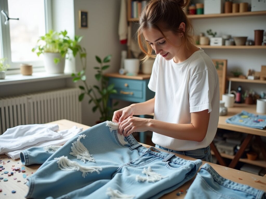 Photograph a bright and airy craft room. A young woman (mid-20s) is carefully distressing the knees of a pair of light-wash blue jeans with sandpaper, creating a unique, ripped effect. In the background, another pair of jeans sits on a table with partially finished custom embroidery along the pockets, and a white shirt is laid out, showing the process of adding colorful patches. Fabric scraps, needles, thread, and other crafting supplies are scattered artfully around the workspace. The lighting should be natural and emphasize the creative, hands-on process.