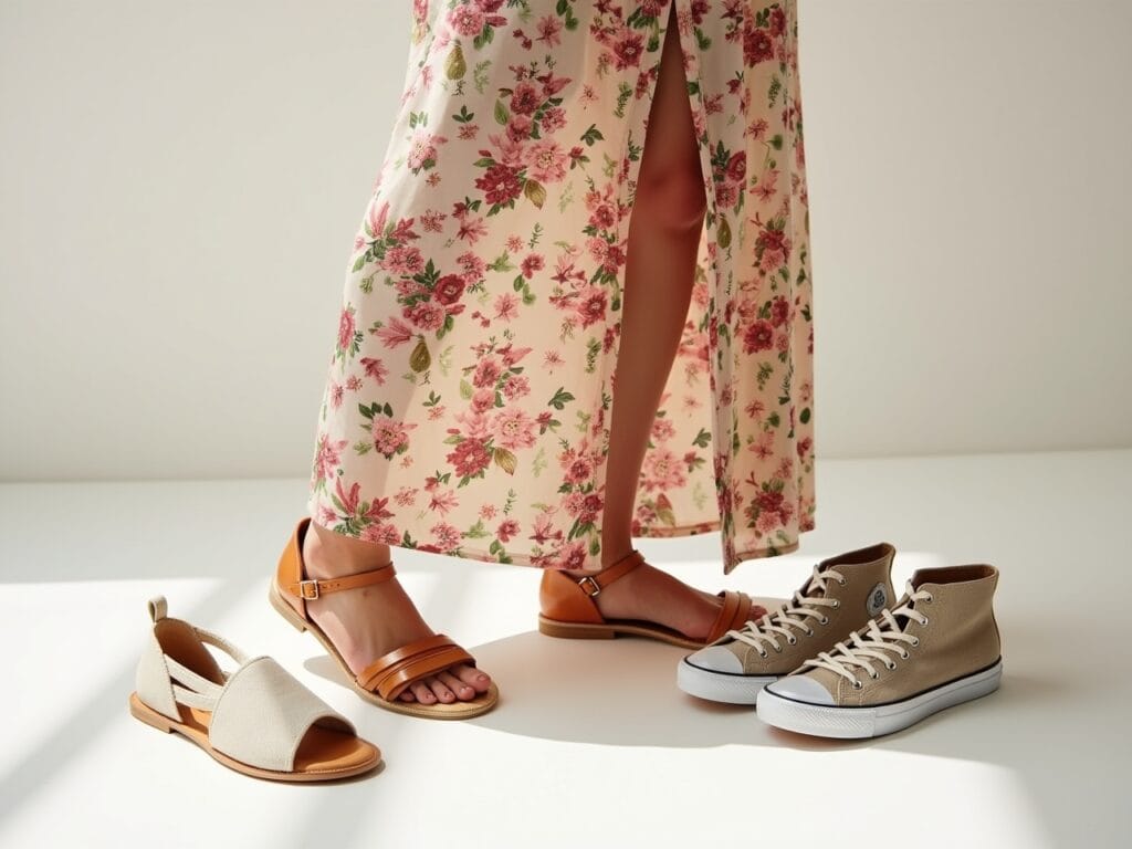 A brightly lit, close-up shot showcasing various casual shoe options paired with a floral maxi dress. Options include flat sandals, strappy sandals, sneakers, and ankle boots, arranged neatly on a light-colored surface. The focus is on the textures and styles of the shoes, highlighting how they complement the dress's floral print. The setting is a clean, modern studio, ensuring clarity and emphasis on the footwear.