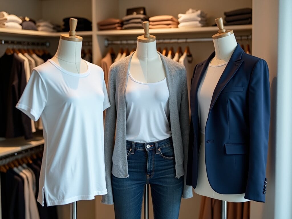 A brightly lit, modern walk-in closet. Three mannequins are arranged to showcase the concept of layering. The first mannequin wears a simple white cotton t-shirt. The second mannequin wears the same t-shirt with a light grey wool cardigan layered over it, paired with dark-wash slim-fit jeans. The third mannequin wears the same t-shirt and cardigan, topped with a navy blue, well-tailored blazer. The background is filled with neatly organized clothing racks showcasing a variety of textures and colors, hinting at layering possibilities. A soft, diffused light emphasizes the details of the fabrics and the clean lines of the outfits.