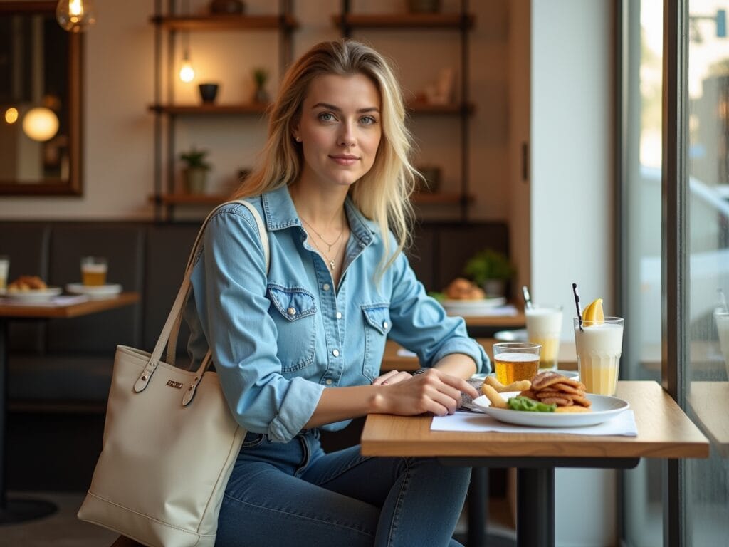 A bright, airy scene at a trendy brunch spot. A person is seated at a table, wearing a light blue denim shirt with dark wash jeans, sneakers, and minimal jewelry. A casual tote bag rests beside them. The setting includes brunch food and drinks, soft, natural lighting, and a relaxed, social atmosphere.