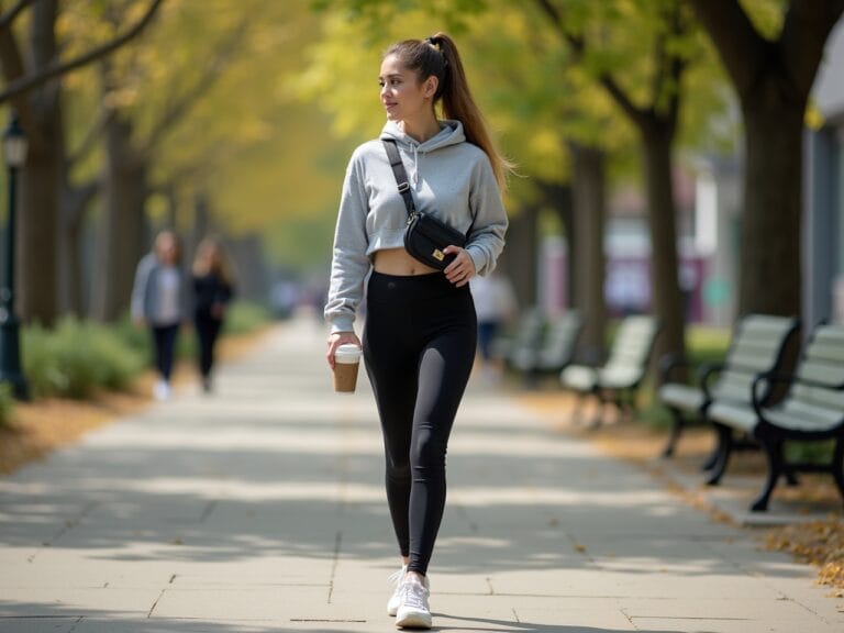 A candid, full-body shot of a young woman (25-30 years old) walking through a sunny, urban park. She's wearing high-waisted black leggings, a heather gray cropped hoodie, and clean white sneakers. She has a small black crossbody bag slung over her shoulder. She's holding a reusable coffee cup in one hand. Her hair is styled in a relaxed high ponytail, and she's wearing minimal makeup. The background should be slightly blurred to emphasize the subject, with visible trees, benches, and other pedestrians in the distance. Natural lighting, realistic skin texture, and detailed clothing are essential. The image should convey a sense of effortless style and everyday activity.