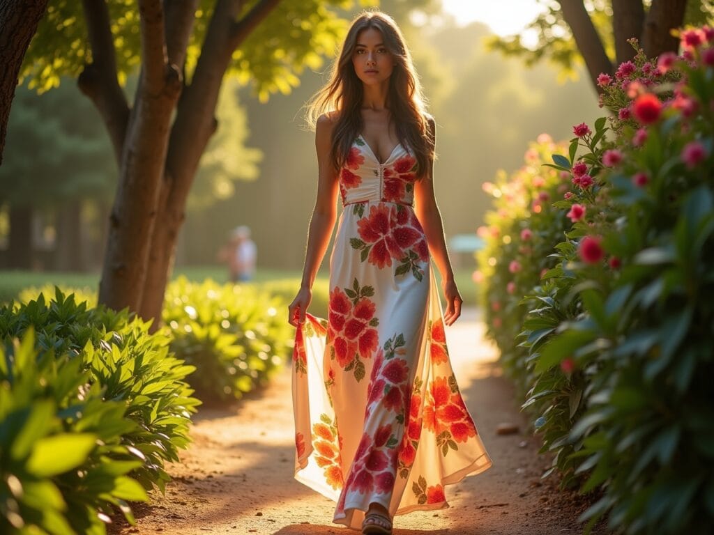 A close-up shot of a woman walking through a vibrant garden. She is wearing a floral maxi dress with a white background and large, colorful flower prints. The dress flows around her legs as she walks. Sunlight filters through the trees, creating dappled light on the dress and surrounding foliage. Focus on the texture of the fabric and the details of the floral pattern. The overall mood is cheerful and summery. Photorealistic, natural lighting, shallow depth of field.