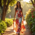 A close-up shot of a woman walking through a vibrant garden. She is wearing a floral maxi dress with a white background and large, colorful flower prints. The dress flows around her legs as she walks. Sunlight filters through the trees, creating dappled light on the dress and surrounding foliage. Focus on the texture of the fabric and the details of the floral pattern. The overall mood is cheerful and summery. Photorealistic, natural lighting, shallow depth of field.