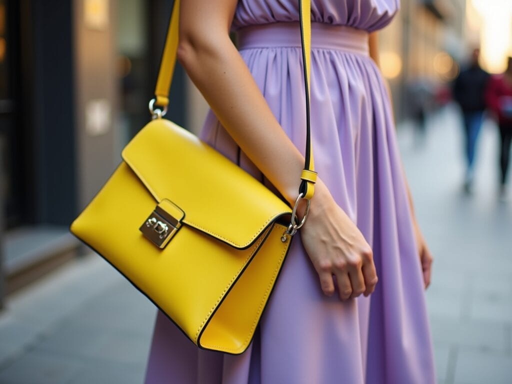 A close-up shot of a brightly colored yellow handbag hanging on a woman's shoulder. She's wearing a pastel lavender maxi dress. The background is a blurred city street with soft, natural lighting. The focus is on the contrast between the pastel dress and the bold handbag. Photorealistic, shallow depth of field.