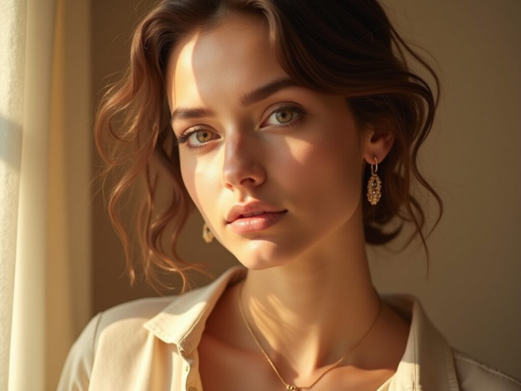 A close-up, high-quality portrait of a model with warm undertones, showcasing a neutral outfit that complements their complexion beautifully. They are wearing a soft beige blouse with delicate gold jewelry, with natural sunlight enhancing their radiant skin. The background should be a blurred, warm-toned setting to keep the focus on the model and their outfit.