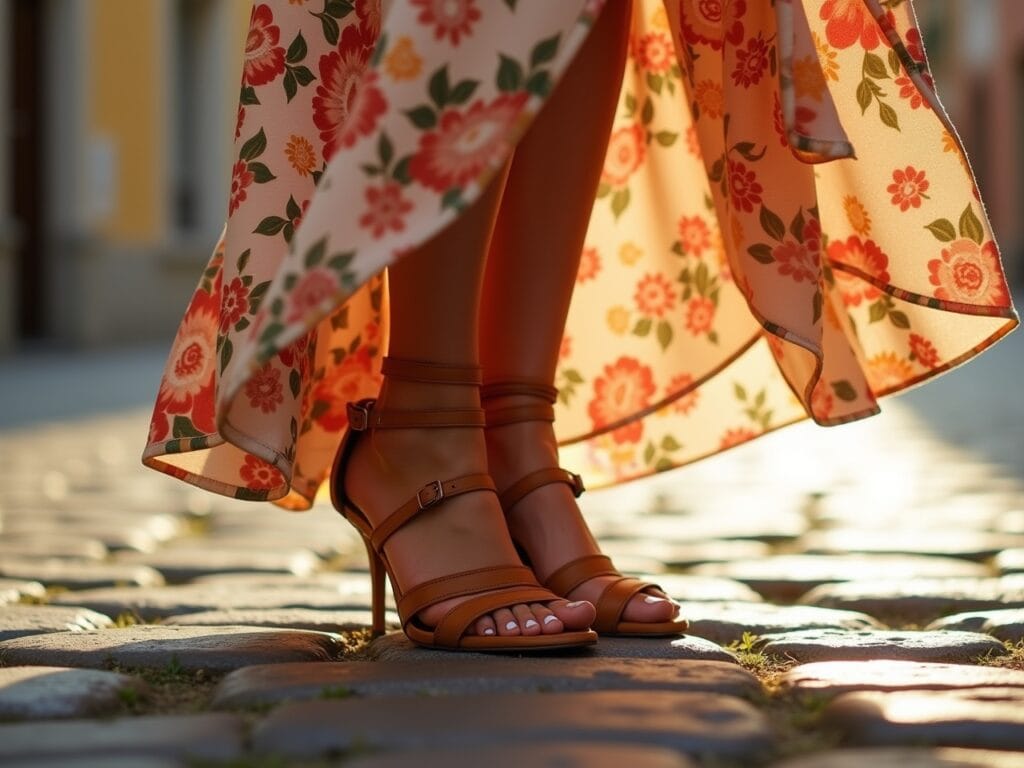 A close-up, ground-level shot of a woman's feet wearing strappy tan sandals. She is standing on a cobblestone street, and the hem of her floral maxi dress brushes against her ankles. Focus on the texture of the sandals, the cobblestones, and the fabric of the dress. The lighting is warm and golden, suggesting late afternoon. Photorealistic, shallow depth of field.