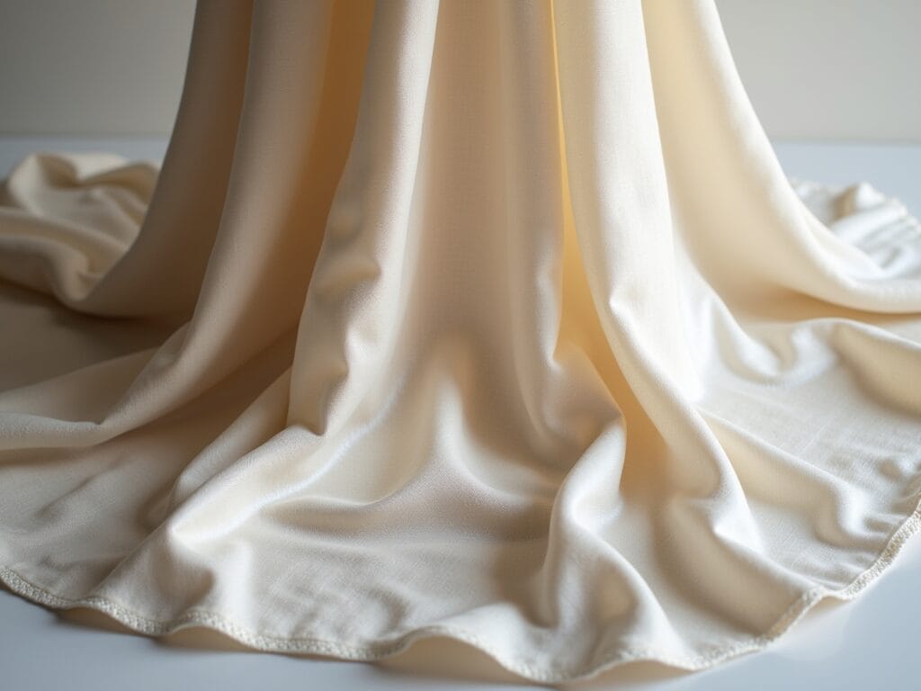 A close-up shot of various fabric swatches – cotton, linen, silk, and satin – with examples of how they drape when made into a maxi dress. The lighting is soft and textured, highlighting the differences in each fabric's feel and appearance. The background is a minimalist studio setting, ensuring the focus is on the fabrics themselves.