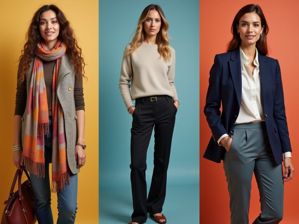 A collage of three diverse women in different layered outfits, each reflecting their unique style and personality. The first woman, an artist, is wearing a colorful scarf, a textured vest, and bohemian-style jewelry. The second woman, a minimalist fashion blogger, is wearing a simple cashmere sweater, tailored trousers, and understated accessories. The third woman, a corporate executive, is wearing a classic blazer, a silk blouse, and a statement watch. The background of each image matches the woman's profession and style, highlighting the personal expression achieved through layering.
