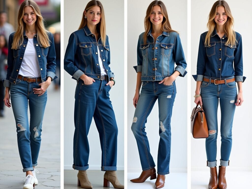 A collage featuring four images, each illustrating a specific tip for pulling off double denim. Image 1: A confident person smiling directly at the camera, wearing a well-styled double denim outfit. The focus is on their confident posture and expression. Image 2: A close-up showcasing the high-quality denim fabric and well-fitted pieces. The focus is on the texture and the tailoring. Image 3: Two arms side-by-side, one wearing smooth denim and the other wearing distressed denim, highlighting the contrast in textures. Image 4: A person's torso showcasing a double denim outfit balanced with neutral-colored accessories (belt, shoes, and bag). The focus is on how the accessories complement the denim.