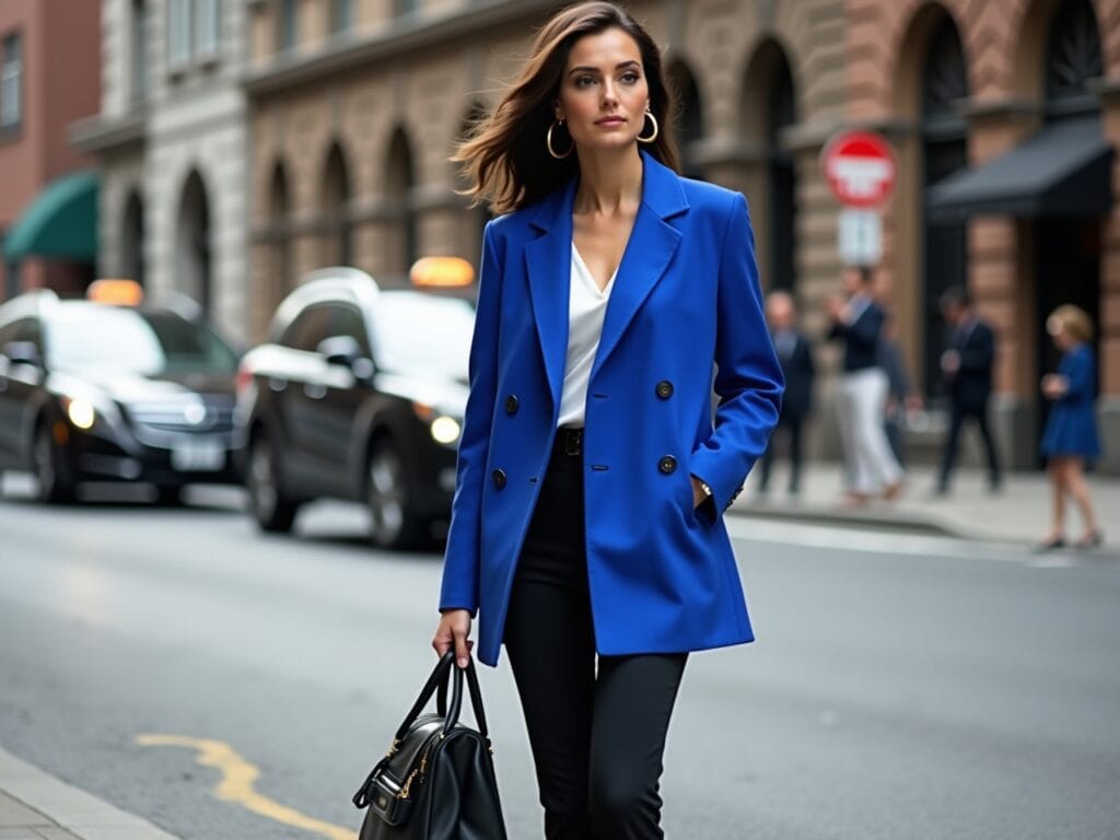 A confident businesswoman in her early 30s stands on a city street corner, waiting for a taxi. She's wearing an oversized, double-breasted blazer in a vibrant cobalt blue. Underneath, she has on a simple white silk camisole and tailored black trousers. Her accessories include pointed-toe black heels, a structured handbag, and gold hoop earrings. The background features a busy urban scene with blurred cars and pedestrians, emphasizing her dynamic and stylish presence.