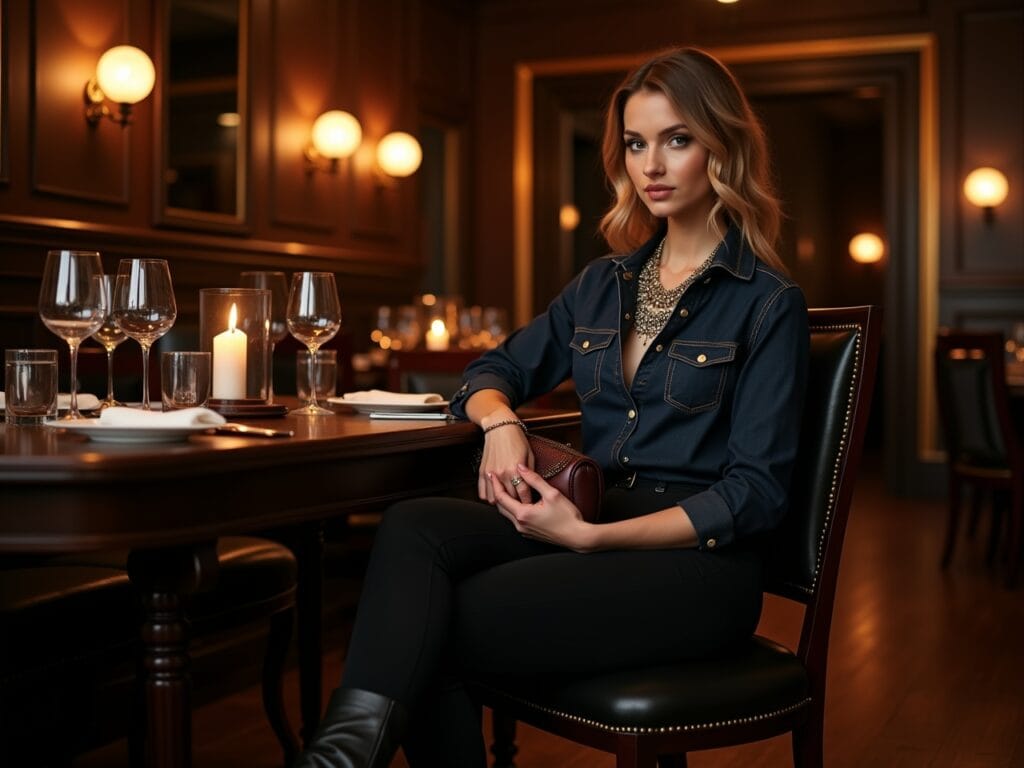A dimly lit, elegant restaurant setting. A person is seated at a table, wearing a dark denim shirt with black jeans, heeled boots, and a statement necklace. They're holding a clutch. The table is set with candles and wine glasses, creating a sophisticated and intimate atmosphere.