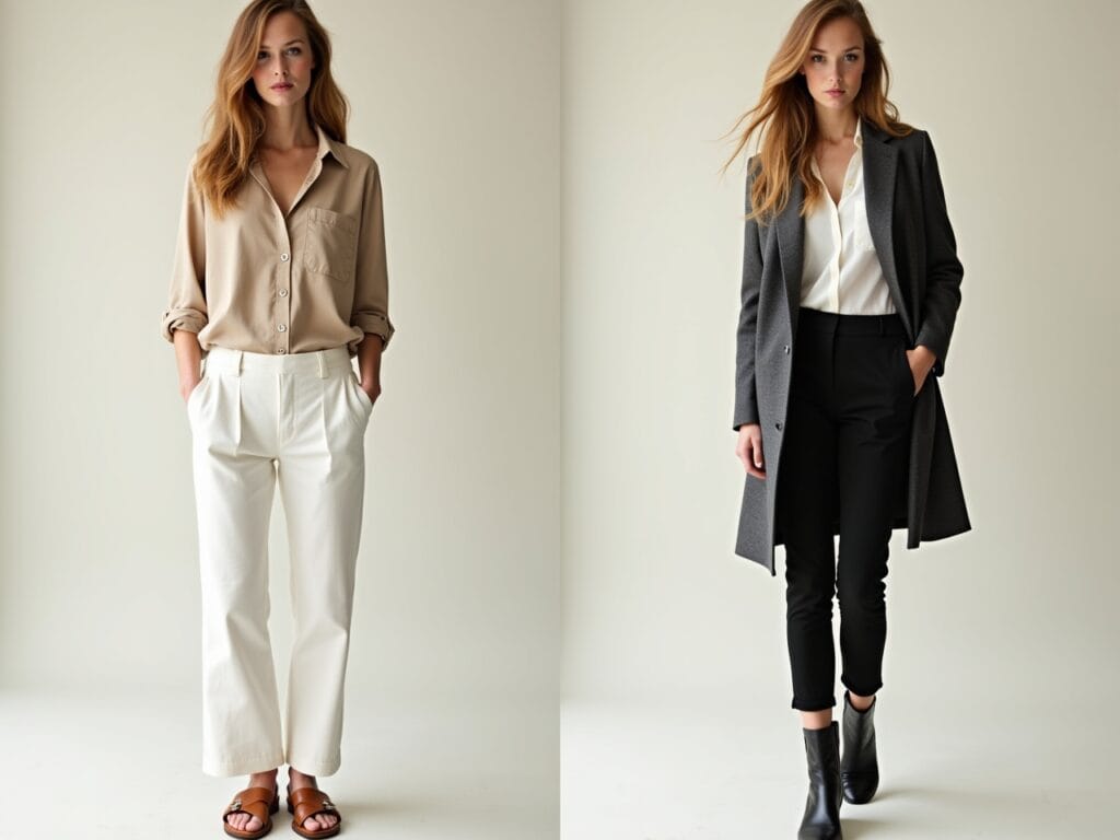 A diptych showcasing the same neutral outfit (e.g., beige blouse and black trousers) styled for two different seasons. On one side, a spring/summer look with lightweight fabrics, white linen pants, and sandals. On the other side, a fall/winter look with heavier fabrics, a charcoal gray blazer, and boots. The lighting and background should reflect the respective seasons.