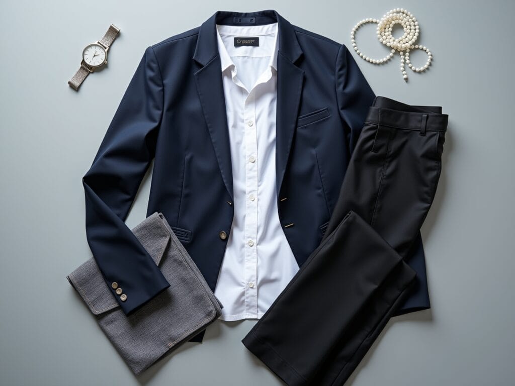 A flat lay on a light grey surface. The layout showcases a curated selection of essential items for a layered professional wardrobe: a crisp white button-down shirt, a navy blue blazer, a pair of well-fitted black trousers, a grey pencil skirt, a simple silver watch, and a delicate pearl necklace. The items are arranged to emphasize their versatility and timeless appeal. Natural light highlights the textures and colors of the garments.
