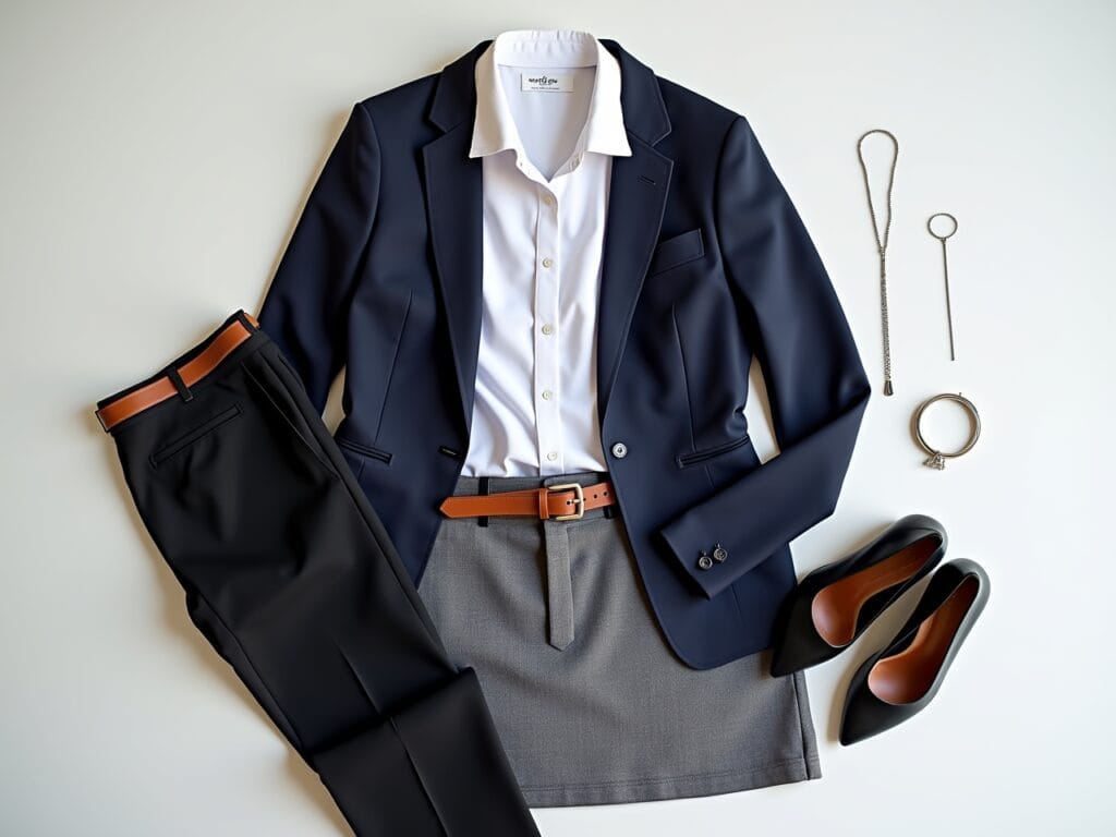 A flat lay on a clean, white surface. The layout showcases a curated selection of essential items for a layered professional wardrobe: a crisp white button-down shirt, a tailored navy blue blazer, a pair of well-fitted black trousers, a grey pencil skirt, a simple tan belt, and a delicate silver necklace. The items are arranged to emphasize their versatility and timeless appeal. Natural light highlights the textures and colors of the garments.