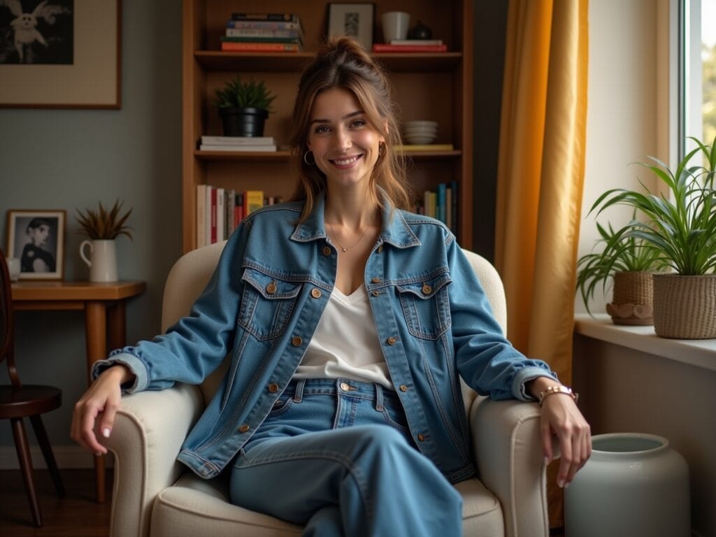 A lifestyle shot in a cozy, well-lit home setting. A person is sitting on a comfortable chair or sofa, wearing a thoughtfully styled double denim outfit. They have a content and confident expression. The setting should convey personal style and comfort, with elements like books, plants, or art in the background. The lighting is soft and warm, highlighting the overall aesthetic.
