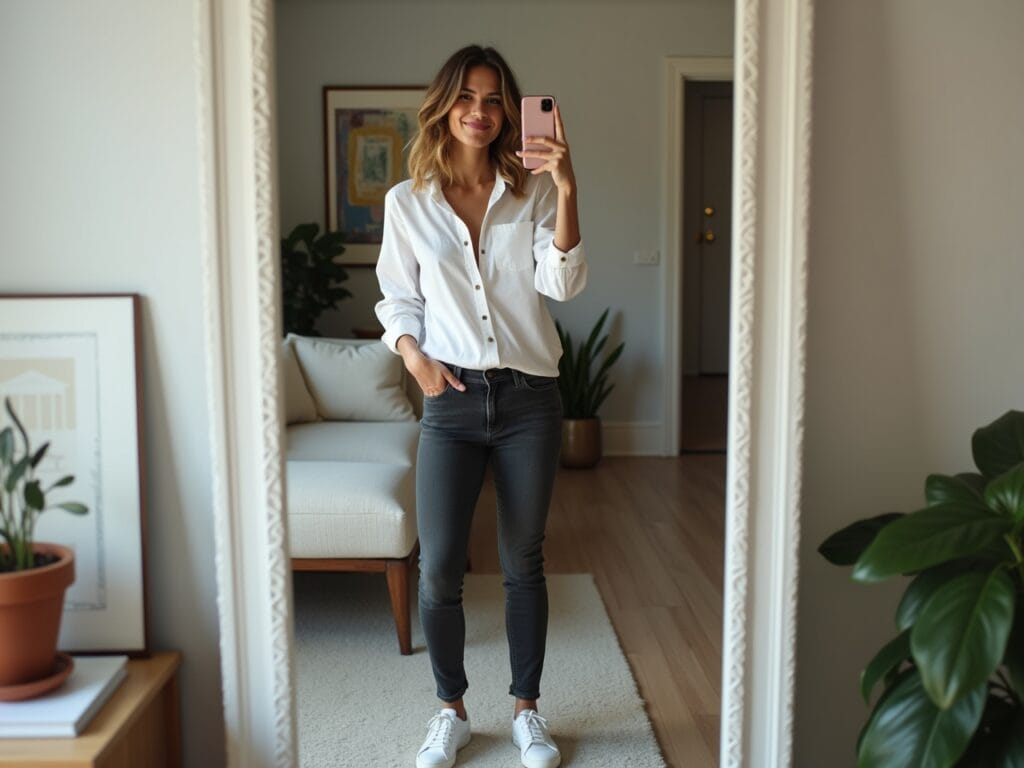 A mirror selfie of a woman (early 30s) in her apartment. She's wearing a crisp white shirt (slightly unbuttoned), dark-wash skinny jeans, and white sneakers. She has a confident smile and is holding her phone up to take the photo. The background shows a glimpse of her stylish but lived-in apartment, with personal touches like books, artwork, and plants. The overall image should convey authenticity, relatability, and a genuine sense of style and satisfaction with the outfit.