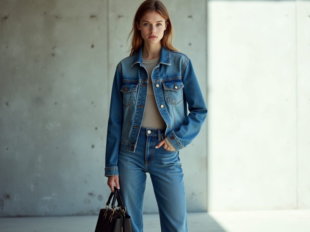 A modern fashion editorial shot. A stylish individual stands against a minimalist background (a concrete wall or a brightly lit studio). They are wearing a double denim outfit with carefully chosen accessories. The focus is on the outfit's fit, the contrast in denim washes, and the overall aesthetic. Sharp focus, diffused lighting, and a high-fashion vibe.