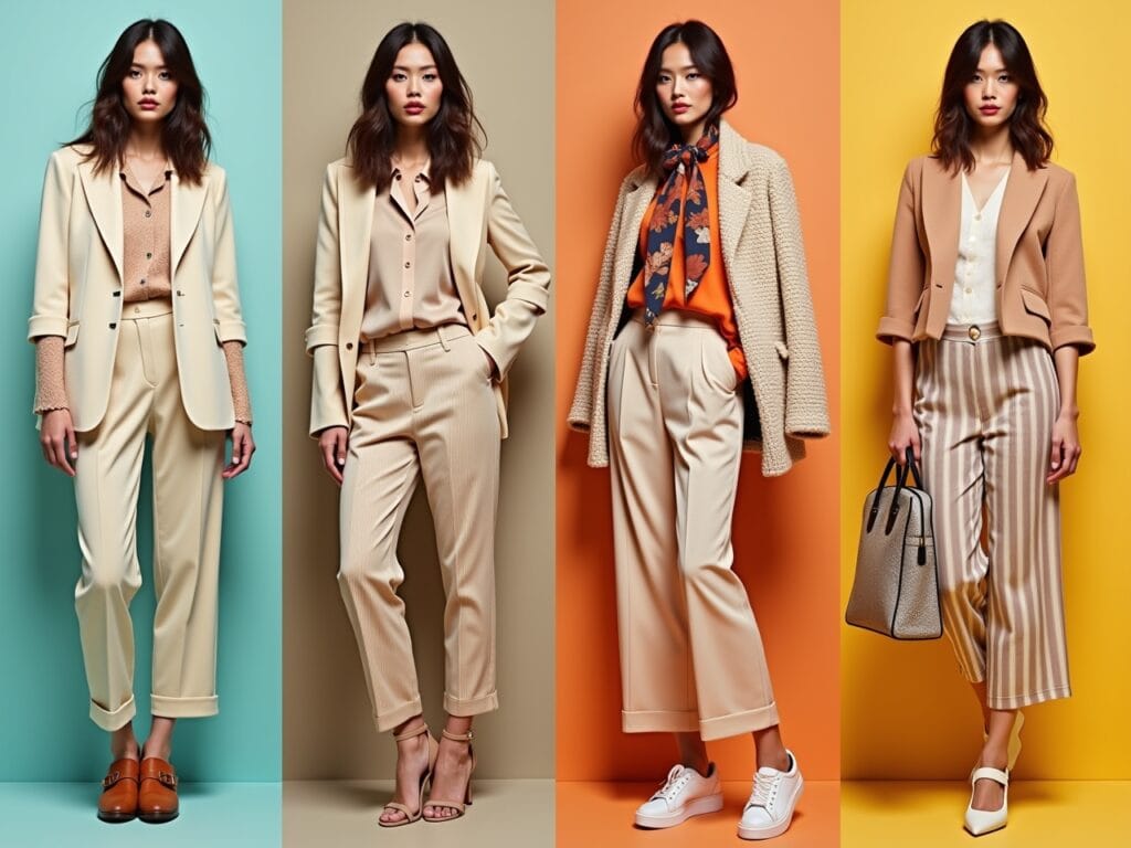 A montage featuring various styling techniques to add visual interest to neutral outfits: Technique 1: A model wearing a monochrome ensemble in different shades of beige. Technique 2: A model mixing different textures like a silk blouse with a chunky knit cardigan. Technique 3: A model adding a pop of color with a vibrant scarf and statement handbag. Technique 4: A model experimenting with patterns like stripes and polka dots. The background should be vibrant and engaging, showcasing the endless possibilities for styling neutral outfits.