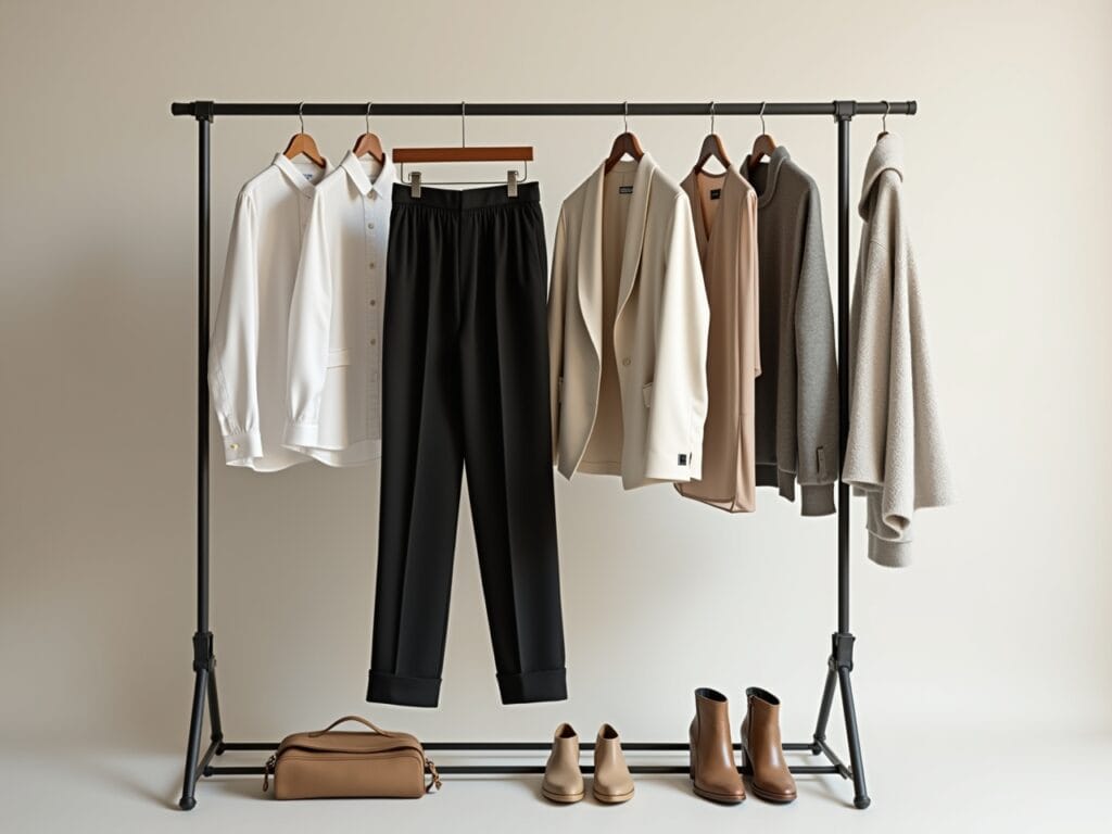 A neatly organized clothing rack displaying a capsule wardrobe built around neutral colors. Include essential pieces like a white shirt, black trousers, beige blouse, white blazer, gray sweater, and beige boots. The arrangement should be visually appealing and demonstrate the versatility of a neutral capsule wardrobe. Show a variety of textures and subtle patterns.