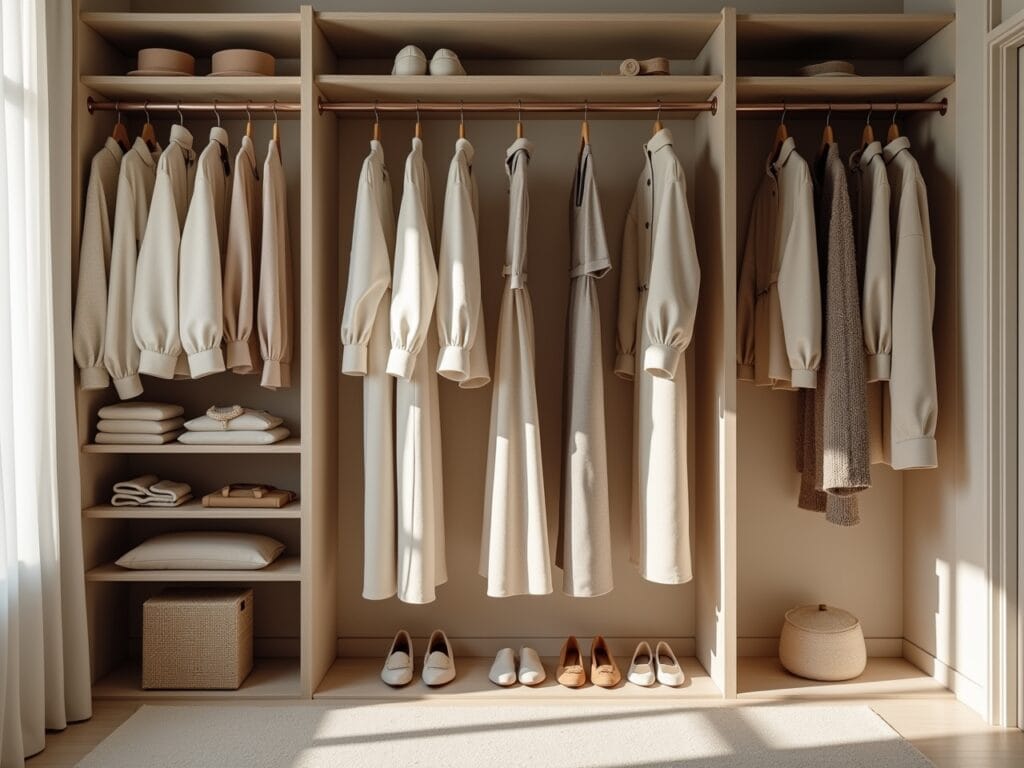 A panoramic view of a well-organized and stylish closet, filled with a variety of neutral-colored clothing items and accessories. Soft, natural lighting highlights the textures and tones of the garments. Capture the overall sense of versatility, elegance, and timeless beauty that a neutral tone ensemble brings, emphasizing its endless styling possibilities. Include visual elements that suggest personal expression and understated beauty.