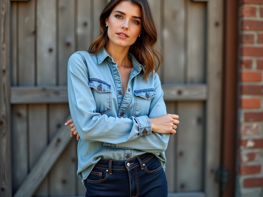 A person is standing in front of a rustic wooden fence wearing a light blue denim shirt tucked into dark wash jeans. They are rolling up the sleeves of the shirt and have a casual, confident expression on their face. The background is blurred to emphasize the action of styling the outfit. Natural lighting and a focus on the details of the denim.