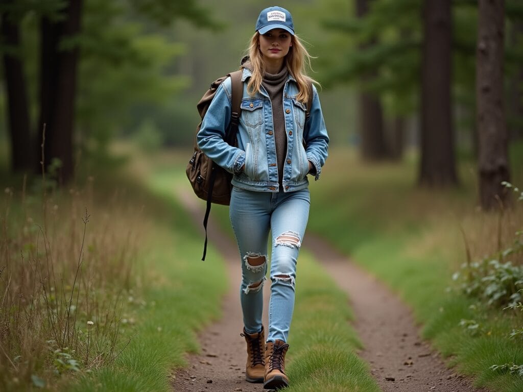 A scene in a park or hiking trail. A person is wearing a distressed denim jacket with light wash jeans, hiking boots or sneakers, and a baseball cap. They have a backpack slung over their shoulder. Natural, outdoor lighting and a background with trees and greenery.