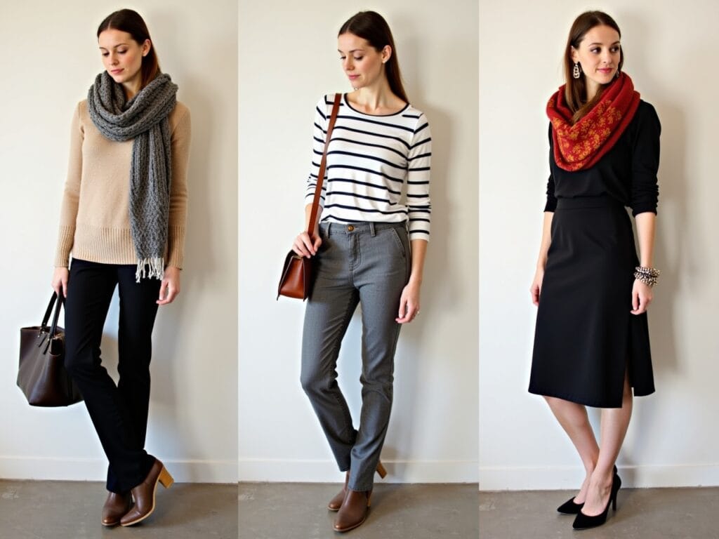 A series of three split-screen images showcasing different styling techniques for neutral outfits. The left side of each split should feature a basic neutral outfit, while the right side demonstrates how the same outfit can be elevated using different styling tips: Image 1: Mix Different Textures - A beige sweater paired with black trousers on the left, and the same outfit on the right with the addition of a chunky knit scarf and a sleek leather bag. Image 2: Play with Patterns - A simple white tee and gray skirt on the left, and the same outfit on the right with the addition of a striped top layered underneath and a geometric-patterned scarf. Image 3: Use Statement Accessories - A plain black dress on the left, and the same dress on the right accessorized with a vibrant scarf, a chunky bracelet, and bold earrings.