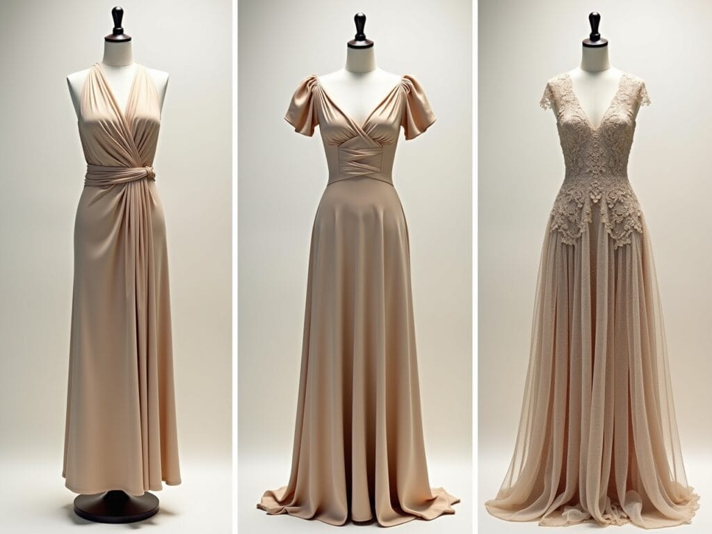 A showcase of different maxi dress styles, including a wrap dress, an off-shoulder neckline dress, and a puffy-sleeved dress. Each dress is styled on a mannequin or model against a simple background, emphasizing the unique features of each design. The lighting is clean and direct, highlighting the details and silhouettes.