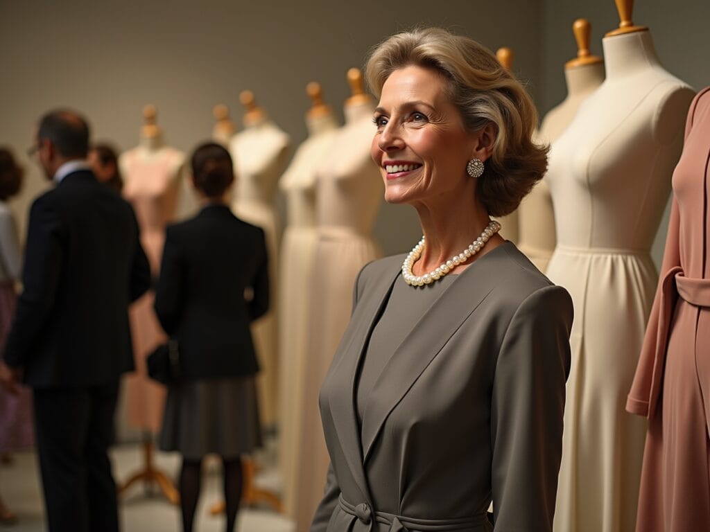 A sophisticated woman in her 50s or 60s at a vintage fashion exhibit, admiring classic styles with a serene expression. She wears a timeless neutral ensemble, such as a well-fitted gray sheath dress with pearl jewelry, exuding elegance and grace. The background should feature vintage clothing displays and other fashion enthusiasts, capturing the timeless appeal of neutral tones.
