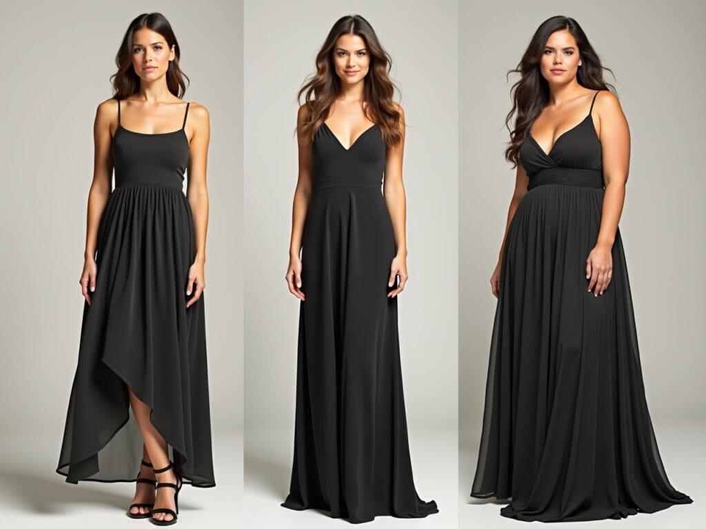 A split-screen image showcasing three different women with petite, tall, and curvy body types, each wearing a maxi dress that flatters their respective figures. The petite woman is in a dress with a shorter hemline, the tall woman in a floor-length dress, and the curvy woman in an empire waist dress. The background is a neutral studio, allowing the focus to be on the fit and silhouette of each dress.