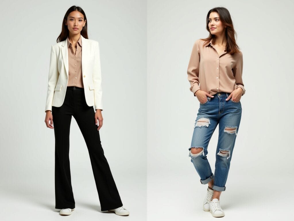 A split-screen image. On one side, display a formal outfit featuring a beige blouse, black trousers, and a white blazer, suitable for an office setting. On the other side, show the same beige blouse paired with distressed denim jeans and sneakers, creating a casual chic look. The background should be clean and modern.
