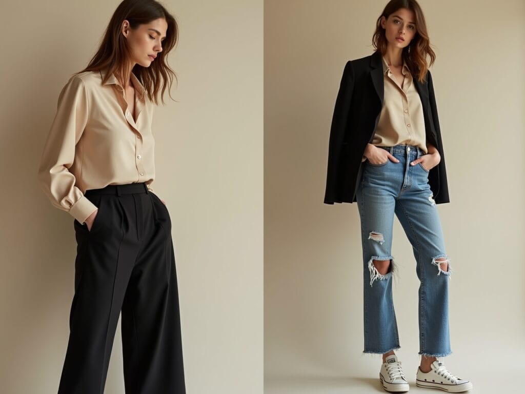 A split-screen image showcasing a beige blouse styled in two different ways: Left: The blouse paired with black tailored trousers and a blazer for a formal look. Right: The same blouse paired with distressed denim jeans, sneakers, and a casual jacket for a relaxed look. The background should be a versatile setting that transitions seamlessly between the two styles.
