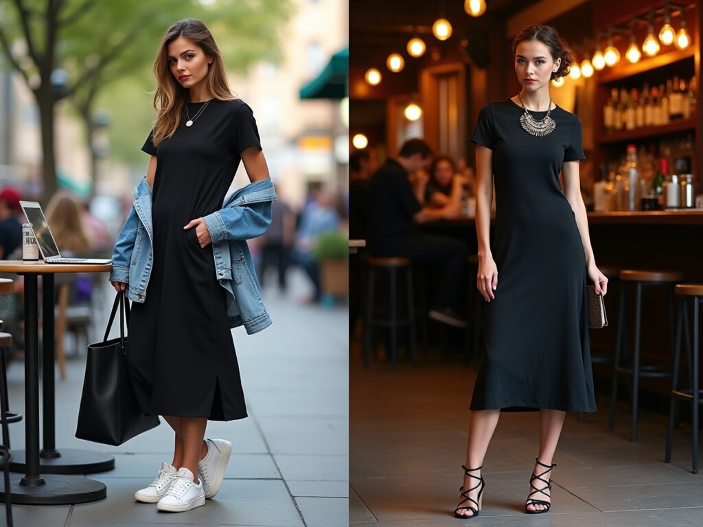 A split-screen image. Left side (Day): A young professional woman is at an outdoor cafe, working on a laptop. She's wearing a midi-length black t-shirt dress. She has a denim jacket casually draped over her shoulders and is wearing white sneakers. A tote bag rests beside her. Right side (Night): The same woman is at a dimly lit bar or lounge. She's wearing the same black t-shirt dress, but now paired with strappy high heels, a statement necklace, and a clutch. Her hair is styled in a sleek updo. The background on the left shows a bright, bustling cafe scene, while the background on the right shows a more intimate, nighttime atmosphere. The lighting should reflect the different times of day – bright and natural on the left, warm and ambient on the right. This highlights how the same t-shirt dress can be adapted for different occasions.
