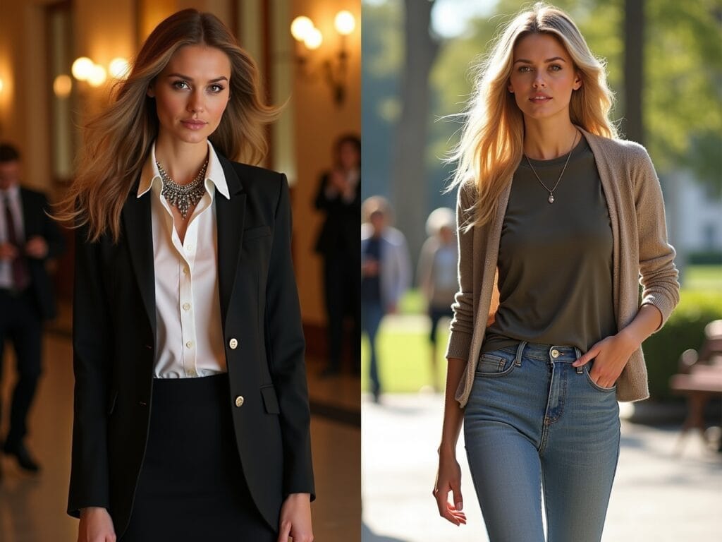 A split-screen image. On the left, a woman is attending a formal event, wearing a tailored blazer over a crisp button-up shirt and a pencil skirt, accessorized with a statement necklace and heels. On the right, the same woman is on a casual day out, wearing a cardigan over a simple t-shirt, paired with jeans and sneakers. The background on the left is a sophisticated ballroom, while the background on the right is a sunny park.