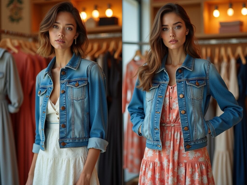A split-screen image showcasing a variety of denim jackets – cropped, fitted, light-wash, dark-wash – paired with different maxi dresses. The setting is a well-lit boutique with a diverse selection of dresses and jackets. The focus is on illustrating how different jacket styles complement various dress designs, offering viewers a visual guide to pairing.