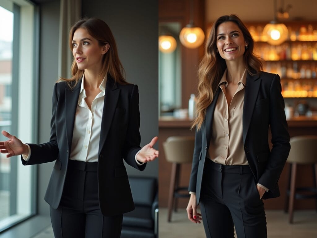 A split-screen image. On one side, a businesswoman in a sharp blazer and tailored trousers is confidently leading a presentation in a modern office boardroom. On the other side, the same woman is relaxed and smiling at an after-work networking event in a stylish bar, having removed her blazer to reveal a chic blouse underneath. The image illustrates how a layered outfit can easily transition between formal and casual settings. Soft, natural lighting in both scenes emphasizes the versatility of the outfit.